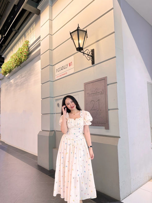 Aesthetic Floral Print Puff Sleeves Long Flowey Dresses